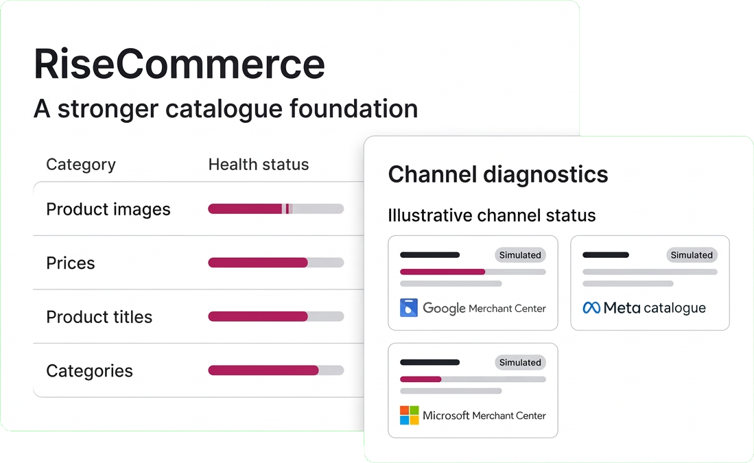 RiseCommerce catalogue feed readiness beside channel diagnostics